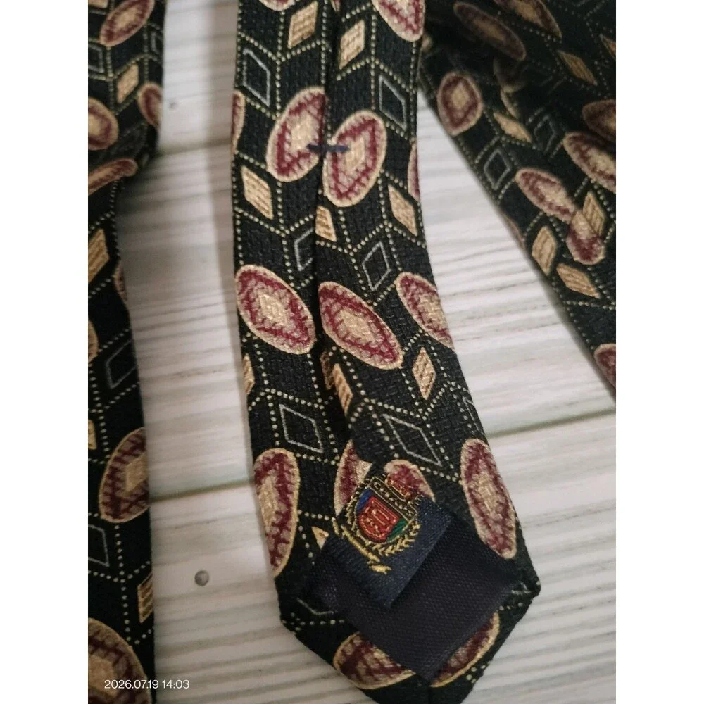 Chaps Ralph Lauren Black Red Tan  Geometric Print Neck Tie Silk USA A26